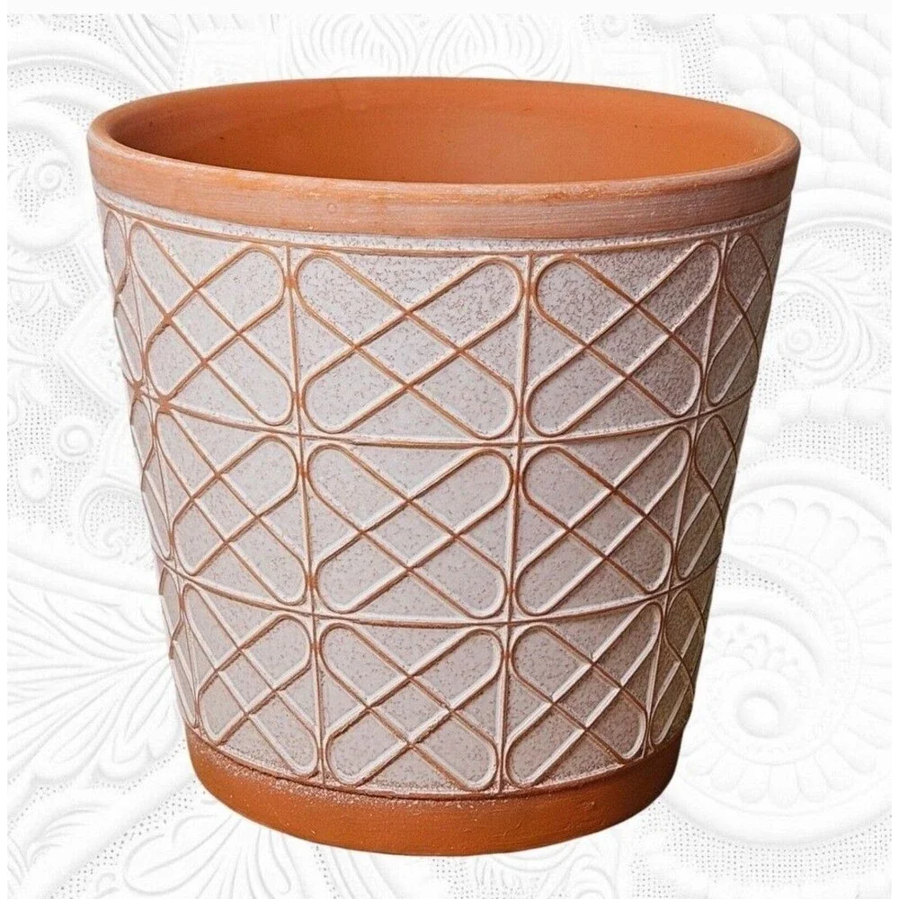 Small Terracotta Planter Raised Pattern With Brushed White 5 Inches Bohemian Pot